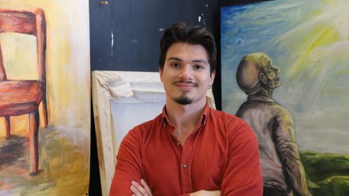 BA (Hons) Art & Design - Arts Practice (Top-up) student Burga Karaagac with his artwork